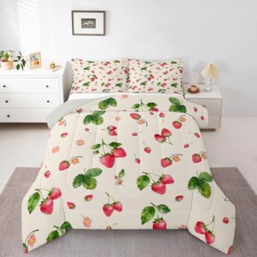 Imagem de jejeloiu Conjunto de edredom de morango, floral, tamanho solteiro, para crianças, meninos, meninas, edredom kawaii, decoração de quarto, microfibra, 2 peças com 1 fronha