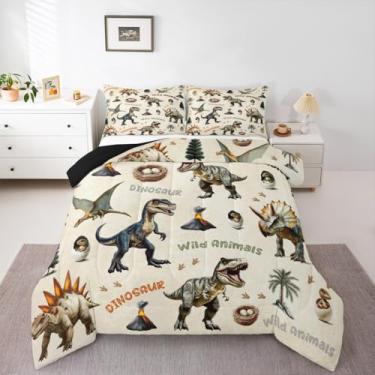 Imagem de Conjunto de cama de dinossauro para crianças, meninos, meninas, estampa de dinossauro, tamanho casal, vintage, animais, edredom para decoração de quarto, respirável, macio, leve, microfibra selvagem