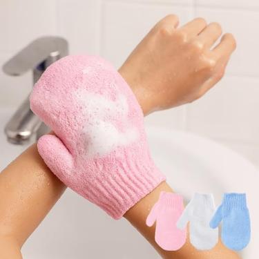 Imagem de 3 luvas esfoliantes para mulheres, luvas esfoliantes de banho corporal, luvas esfoliantes corporais para acessórios de chuveiro (branco, azul, rosa)