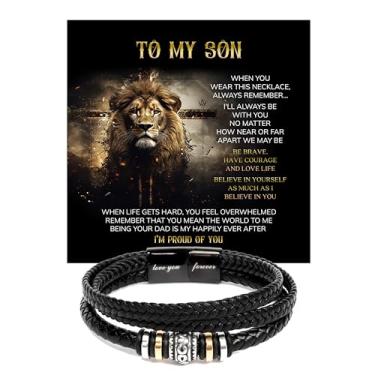 Imagem de Pulseira To My Son, presente para aniversário do meu filho com cartão de mensagem e caixa de presente., To My Son Bracelet, Couro, Sem Pedra Preciosa