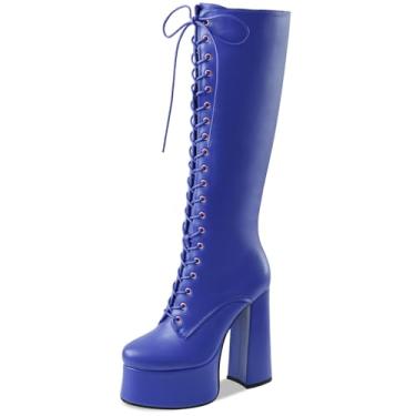 Imagem de Perisis Botas femininas de salto alto grosso, plataforma na altura do joelho, modernas, de couro, com cadarço, salto alto, cano largo, Azul royal, 41