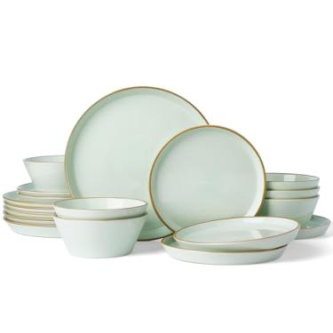 Imagem de Famiware Conjunto de pratos e tigelas Saturn para 6 (18 peças), conjunto de louça de grés com acabamento pintado à mão – resistente a lascas e arranhões, seguro para micro-ondas e lava-louças, verde