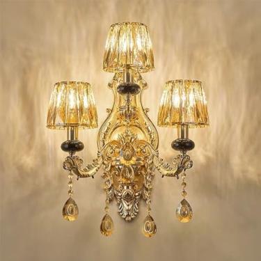 Imagem de Luminária de parede de cristal de luxo europeia, moderna, com LED, para decoração de sala de estar, quarto, escritório, quarto modelo, hotel, casa de campo, corredor (YB 3 lâmpadas, 1 unidad
