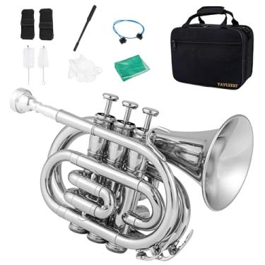 Imagem de YAYUZEST Pocket Trumpet B Flat Brass Bb Pocket Trumpet com bocal 7C, pano de limpeza, estojo rígido, luvas (Níquel)