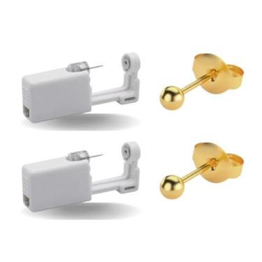 Imagem de Kit 2 Brincos Bola Dourada de 3mm + 2 Mini Pistolas Brancas Descartáveis Furar Orelha