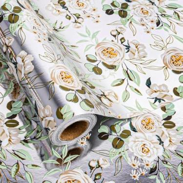 Imagem de Altarho Rolo de papel de embrulho de casamento - 43 cm x 80 metros - Floral branco prateado com design de folha metálica perfeito para dia das mães, casamento, chá de panela, primavera, aniversário