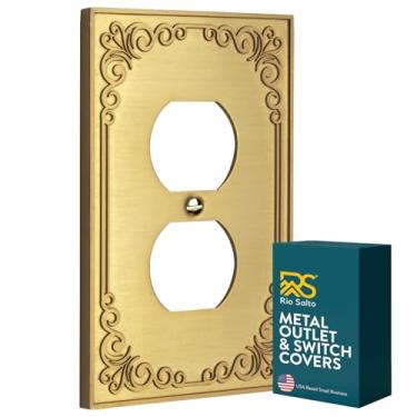 Imagem de Rio Salto Palazzo Collection Capa de placa de parede, capa de interruptor de luz de metal dourado, capas decorativas para tomadas de luz (ouro de latão escovado, 1 pacote duplex)