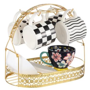 Imagem de Suporte de xícara de café de metal banhado a ouro com ganchos, elegante organizador oval de bancada