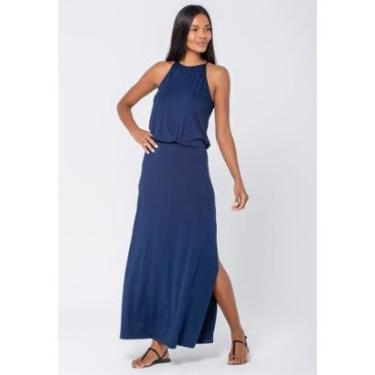 Imagem de Vestido Longo Malha Trapézio com Elástico na Cintura Azul Marinho - G - Veste do 44 ao...