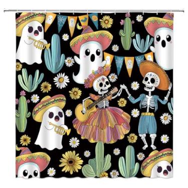 Imagem de FJLLFJ Cortina de chuveiro de Halloween, Ghost Suger Skull Cactus Spooky Gothic Festival Western Black Polyester Cortina de banheiro com 12 ganchos, decoração de casa de banheira, 177 x 177 cm