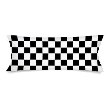 Imagem de Capas de almofada lombar preta e branca 35,5 x 91,5 cm para cama, fronha xadrez xadrez com fecho de envelope, capa de almofada decorativa de tabuleiro de xadrez esportivo de corrida de carro para sofá