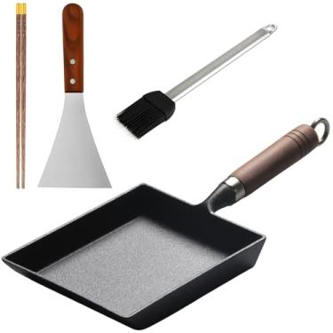 Imagem de Conjunto de panelas japonesas Tamagoyaki de ferro fundido com pauzinhos de madeira, espátula e escova de silicone – Omelete quadrado para cozinha doméstica