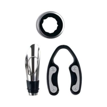 Imagem de Kit de Acessórios para Vinho em Aço Inox, 3 Peças, Conjunto com Bico Dosador, Anel Anti-Gotejamento e Abridor de Garrafas