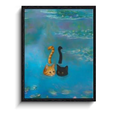 Imagem de Arte de parede emoldurada de gato preto, gato preto engraçado em Monet pintura inspirada em nenúfares impressão de arte texturizada, pôsteres ecléticos de gato para quarto, sala de estar, banheiro