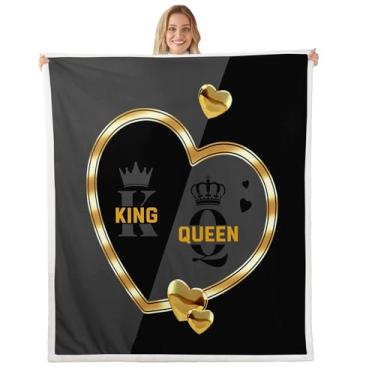 Imagem de Cobertor de lã com coroa de rei e rainha romântico dourado branco e coração de sherpa 127 cm x 152 cm, decoração de cadeira de cama de casamento cinza e preto para adultos, homens, mulheres, decoração