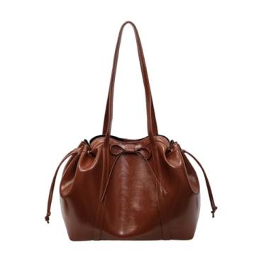 Imagem de CORIOS Bolsa feminina elegante de couro sintético com cordão, bolsa de ombro com laço e alça superior de grande capacidade, Marrom, Large