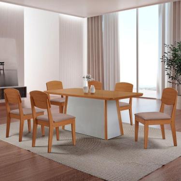 Imagem de Mesa De Jantar Diane 180cm Tampo Mdf Canto Copo E 6 Cadeiras Linho Capuccino /naturale /off White