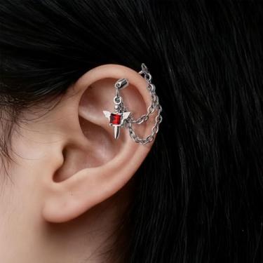 Imagem de Brincos de corrente de asa de zircão vermelho punk gótico, criativos, femininos, masculinos, hipoalergênicos, rebite, corrente e asa, 0.9*1.3cm, Metal, Zircônia cúbica