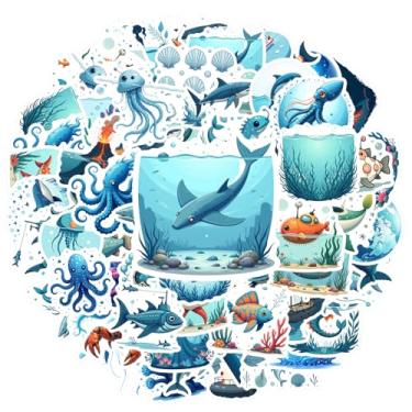 Imagem de 70 peças oceano vida marinha criaturas marinhas náuticas subaquáticas animais marinhos adesivos brinquedo mar para laptop bagagem scrapbook diário adesivo notebook bagagem copo celular