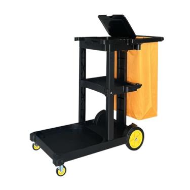Imagem de Carrinho utilitário de limpeza comercial com saco de vinil, carrinho de limpeza doméstica de 3 prateleiras, carrinho de limpeza sobre rodas (preto)