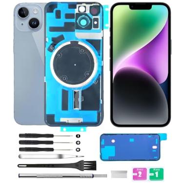 Imagem de Yuntunele Tampa traseira de vidro (inclui vidro de lente, suporte, ímã) Substituição compatível com iPhone 14 Todas as operadoras com conjunto de ferramentas profissionais (azul)