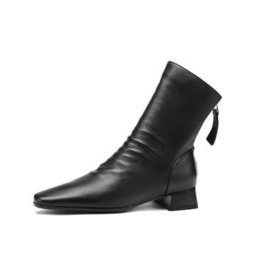 Imagem de TinaCus Bota feminina de couro legítimo feito à mão com salto bloco com zíper e bico quadrado, Preto, 34