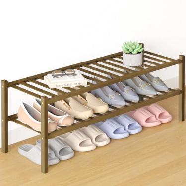 Imagem de Smiry Sapateira de bambu para armário, organizador de sapatos empilhável de madeira de 2 níveis, prateleira de armazenamento de sapatos de pé livre para entrada, entrada da porta da frente, nogueira