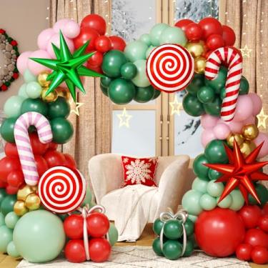 Imagem de Christmas Balloon Garland Arch Kit, 146Pcs Red Green Pink Gold Balloons with Candy Cane Exploding Star Foil Balloons for Christmas Party Decorations