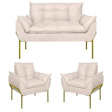 Imagem de Kit 02 Poltronas + Namoradeira Reforçada Opala Metal Dourado Bege