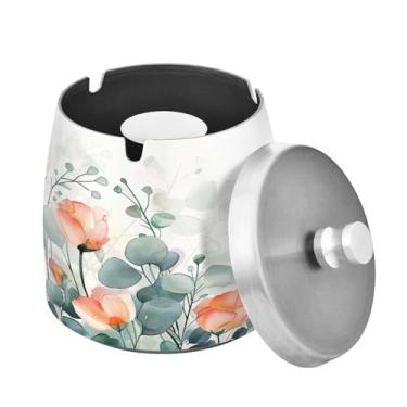 Imagem de Blueangle Cinzeiro de flores em aquarela com tampa para cigarros, à prova de vento/chuva, aço inoxidável, sem fumaça, inodoro, cinzeiro para uso interno ou externo (316)