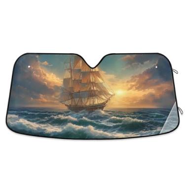 Imagem de ATTX Pára-brisas de carro com pintura a óleo de barco à vela 144,8 cm x 80 cm Escudo solar universal com proteção UV, persiana de janela frontal automática dobrável para sedãs SUVs caminhões #216