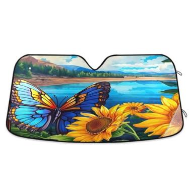 Imagem de ATTX Para-brisa de carro borboleta girassol 144.8 cm x 80.0 cm escudo solar universal com proteção UV, persiana de janela frontal automática dobrável para Sedans SUVs caminhões #32