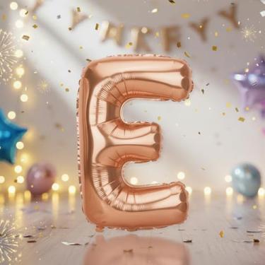 Imagem de Balões de letra E grandes em ouro rosa de 81 cm, balões de alfabeto Mylar preenchidos com hélio para festas de aniversário e decorações de aniversário, suprimentos de decoração de festa em ouro rosa