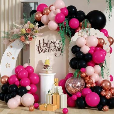 Imagem de Kit de arco de guirlanda de balão rosa preto rosa choque, 127 peças de balões rosa e preto, tamanhos variados de cores para meninas, mulheres, princesas, 18, 21, 30, 50 anos, decorações de festa doces