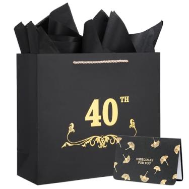 Imagem de EUSOAR Sacos de presente para homens, 1 peça de 31,8 x 11,4 x 28 cm, preto, 1985, 40 anos, sacos de embrulho de presente com cartão de felicitações de papel de seda, sacos de presente com inicial