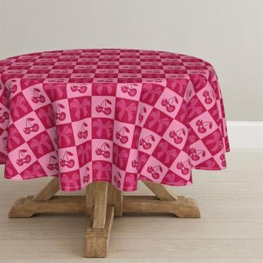 Imagem de Horaldaily Toalha de mesa de cereja redonda, 177 x 178 cm, estampa de cereja doce e laços, capa de mesa lavável sazonal para aniversário, chá de bebê, festa de casamento