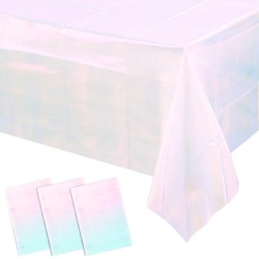 Imagem de Pacote com 3 toalhas de mesa de plástico branco iridescente, toalhas de mesa retangulares a laser brancas brilhantes, toalhas de mesa holográficas, decorações de festa para aniversário e casamento