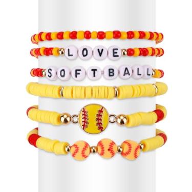 Imagem de 6 Peças Love Softball Pulseira Set, Pulseiras Empilháveis Elásticas Esporte Argila Miçangas para Mulheres Jogadoras Fãs Moda Joias Presentes