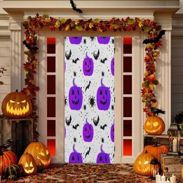 Imagem de Wassud Decoração de cobertura de porta de abóboras e morcegos faixa interna externa decoração de casa de varanda grande decoração de porta da frente 89 x 199 cm
