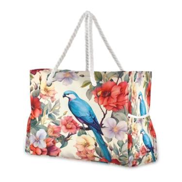 Imagem de Wassud Bolsa de praia grande para mulheres, lindas flores e pássaros, impermeável, à prova de areia, bolsa de viagem com zíper e bolso para piscina, academia, acampamento