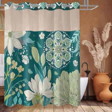 Imagem de CTOTSYC Cortina de chuveiro floral boho azul-petróleo sem ganchos com forro de encaixe, design botânico abstrato moderno, tecido resistente à prova d'água para decoração neutra de banheiro de hotel de