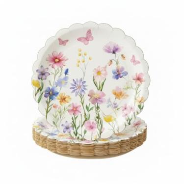 Imagem de Havawish 100 peças de pratos de papel floral de primavera, aquarela, flores silvestres, descartáveis, utensílios de mesa, para primavera, aniversário, chá de bebê, festa de casamento