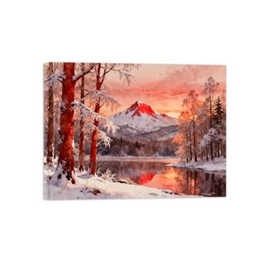 Imagem de Arte de parede paisagem imagem em tela - montanha árvore lago pôr do sol decoração moderna impressão pintura para sala de estar pronto para pendurar 70x90cm27x35in tela embrulhada