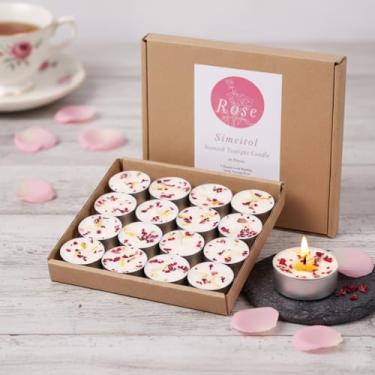 Imagem de Simeitol Pacote com 16 velas Tealight perfumadas de rosa – Luzes de chá brancas de cera de palma, flores secas para plantas (sem parafina), velas votivas perfumadas para casamento, decoração de casa