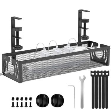 Imagem de Gerenciamento de cabos, bandeja de gerenciamento de cabos sob a mesa sem furadeira, organizador de cabos de metal com grampo para gerenciamento de fios, organizador de cabos para escritório em casa