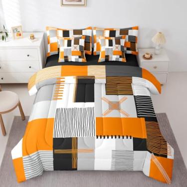 Imagem de Erosebridal Conjunto de edredom completo cinza laranja com lençol 7 peças, preto e branco, abstrato, para crianças, adolescentes, adultos, geométrico, quadrado, conjunto de cama quadriculada