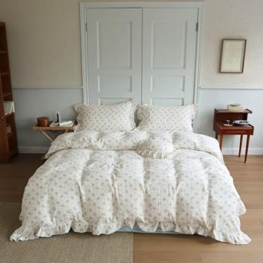 Imagem de BuLuTu Capa de edredom floral azul vintage, tamanho Queen, capa de colcha de musselina de algodão com babados, capa de edredom para cama de fazenda 228 x 228 cm, zíper e laços de canto, estampa de