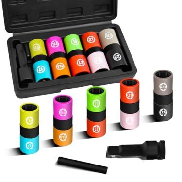 Imagem de JEUCLEL Conjunto de 7 peças de soquete de porca de parafuso de 1/5.1 cm, soquetes flip de impacto de parede fina com haste de nocaute de barra de extensão, extremidade dupla de parede fina sem marcas