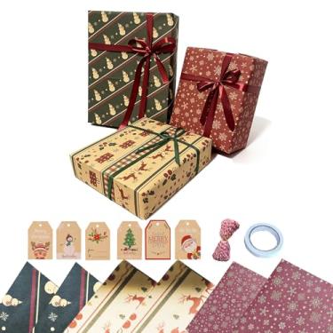 Imagem de Sociplentycom Conjunto de papel de embrulho de Natal, 6 folhas de papel Kraft clássico com etiquetas de presente (veado de neve de Natal, 40 x 70 cm)