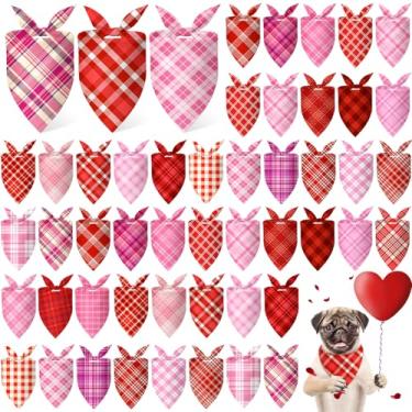 Imagem de Abbylike 50 bandanas xadrez para cães dia dos namorados bandanas vermelhas rosa para cães lenço triangular cachecol para animais de estimação fantasia romântica adereços de foto acessórios pet shops